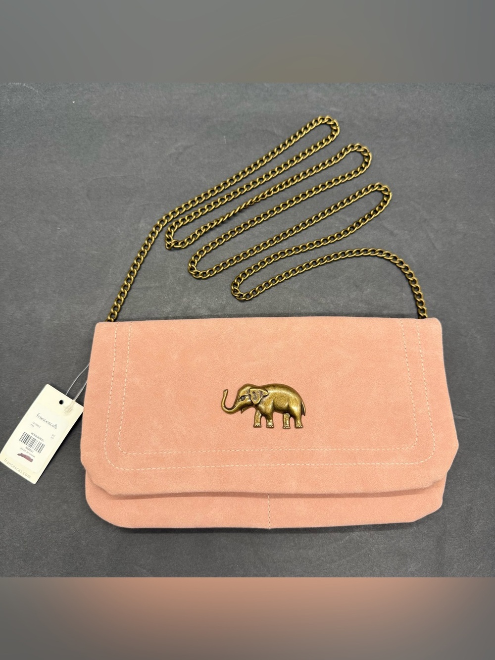 Francesca's Pink Suede Crossbody Bag Gold Brass Elephant Charm Clutch New W/ Tag